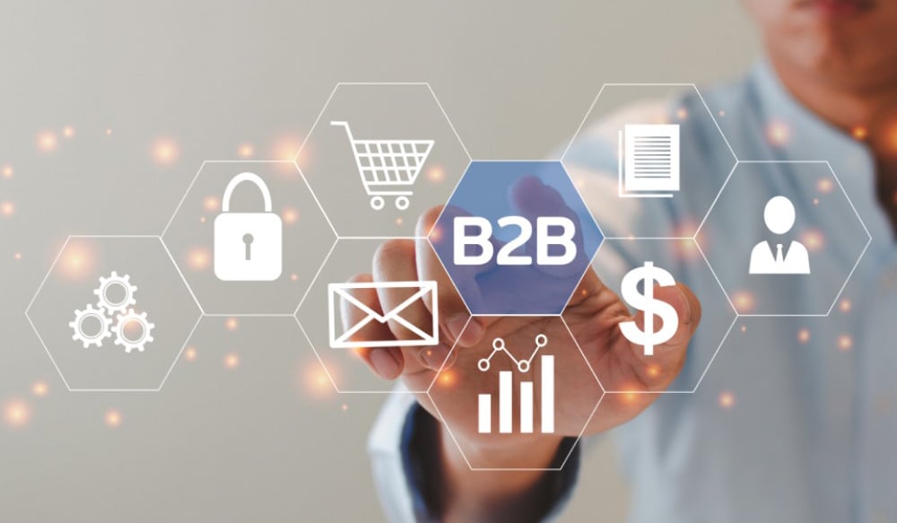 Man hand pointing at lock, cart, email, dollar icons