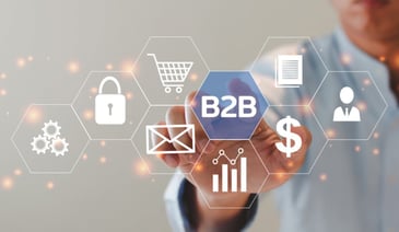 Man hand pointing at lock, cart, email, dollar icons