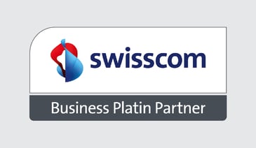 Blue and red icon next to Swisscom logo 