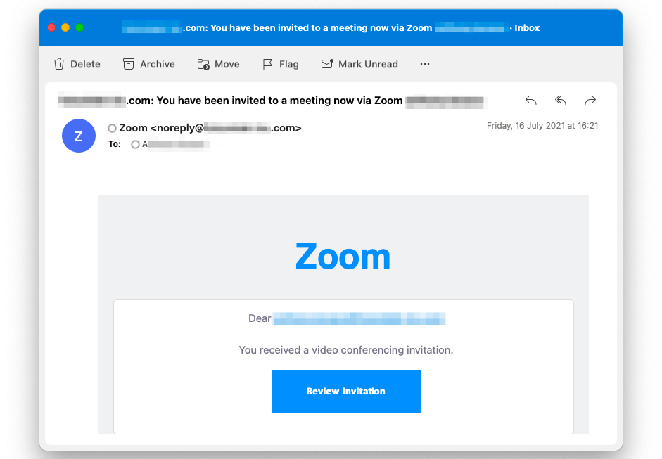 Anonymized screenshot of a fraudulent Zoom meeting invitation. (Source: xorlab)